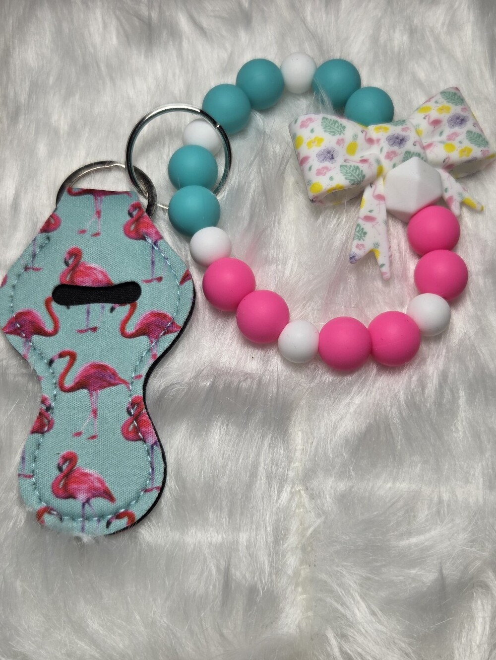 Handmade Silicone Beaded Wristlet Keychain Bracelet Chapstick Holder Flamingo